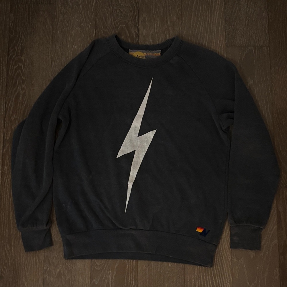 Aviator Nation Black Crewneck Sweater with White Lightning Bolt